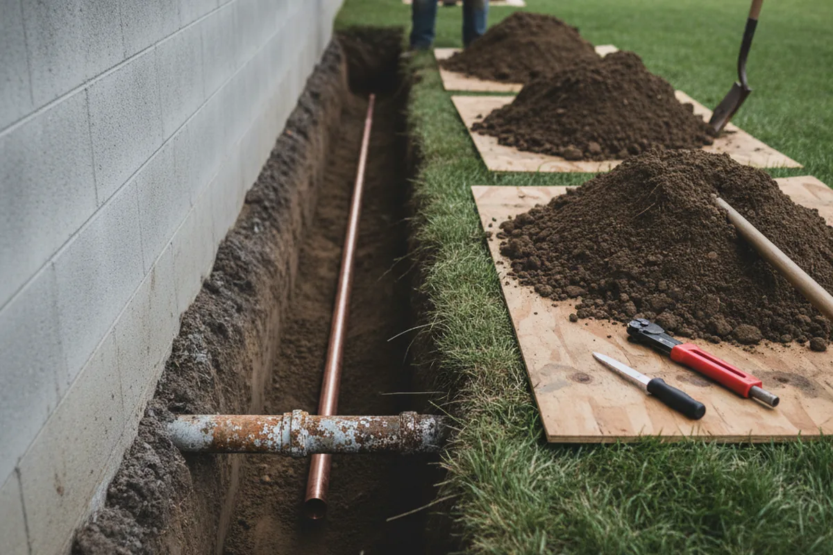Excavated water line trench during Water Softener Installation in Evensville